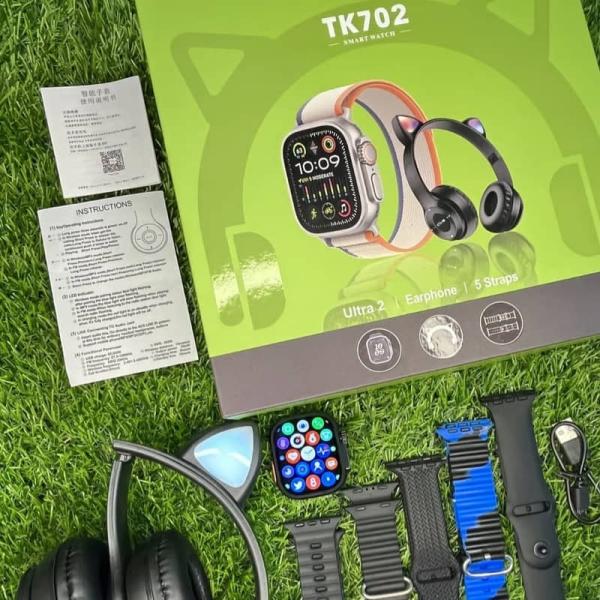 Smartwatch With 5 Straps And Cat Headset  - TK New TK702 -  Black