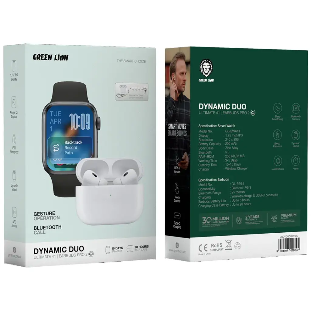 Green Lion Dynamic Duo Earbuds And Smartwatch