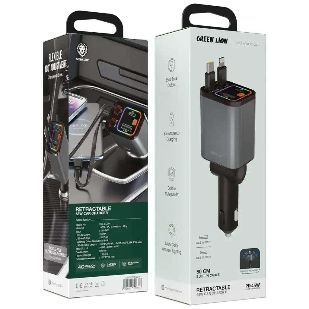 Green Lion Retractable  65W Car Charger PD 45W