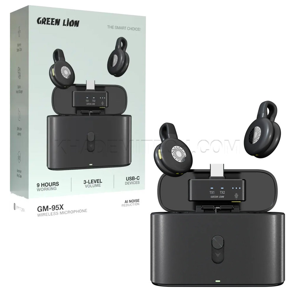 Green Lion GM-95X Wireless Microphone with AI Noise Reduction, USB-C, Charging Case – Black